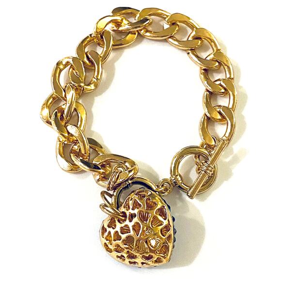 Gold Toggle Bracelet with Blue Crystal Heart Charm Valentine's Day - Picture 2 of 2